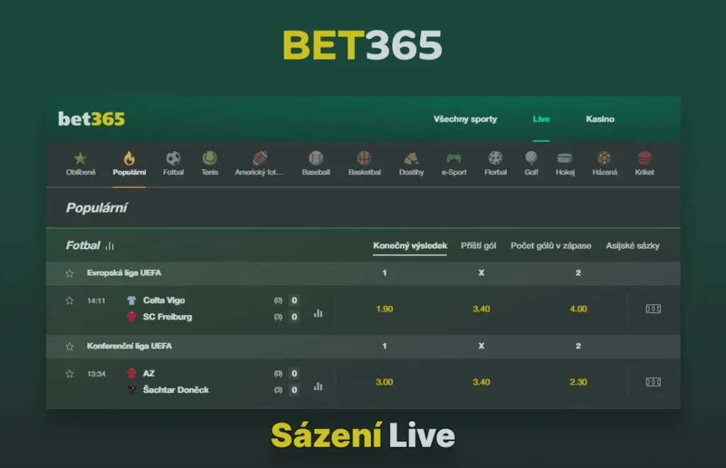 Rozhraní live sázení Bet365 s kurzy v reálném čase