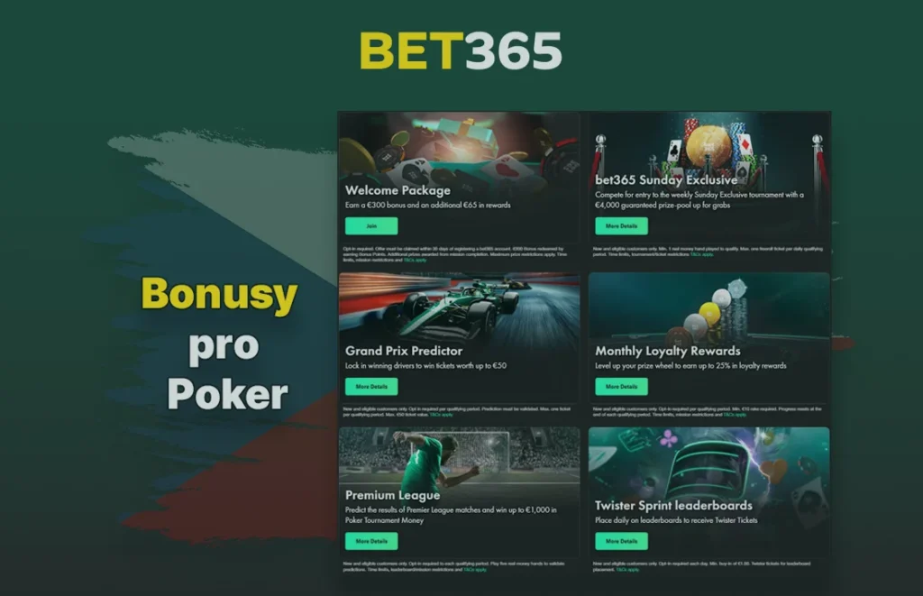 Poker bonusy Bet365 dostupné pro hráče v Česku