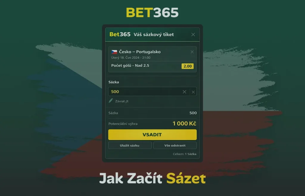 Příklad sázkového tiketu Bet365 s českými kurzy