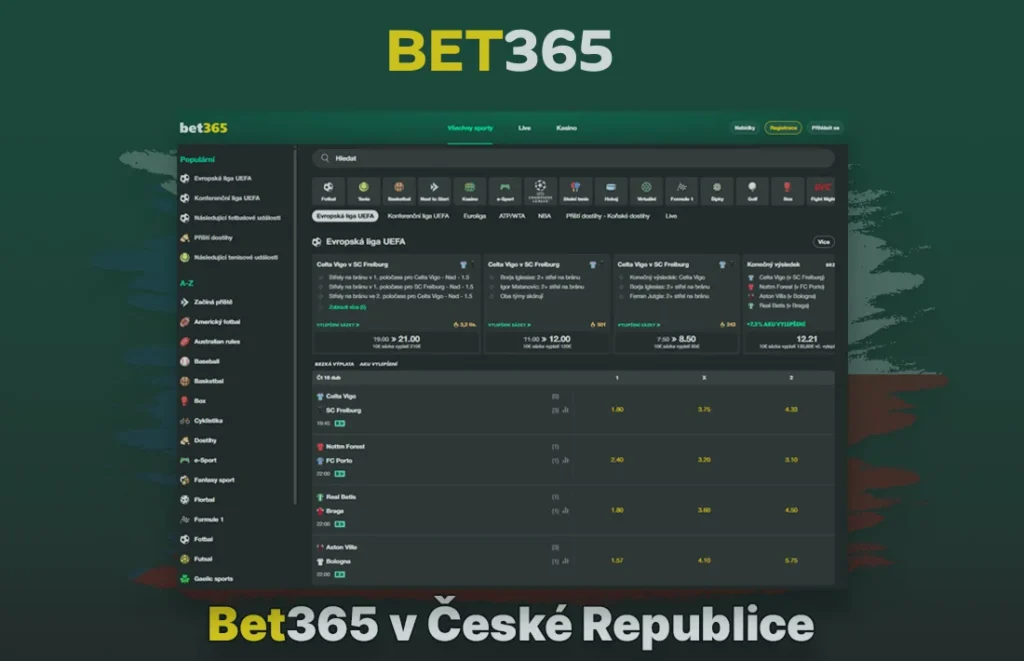 Rozhraní Bet365 pro sportovní sázení v Česku